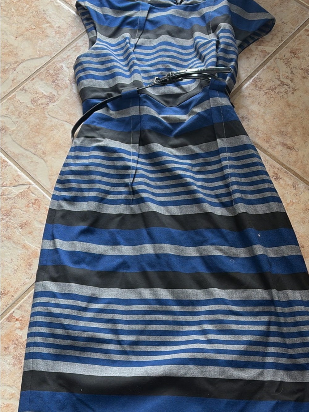 Calvin Klein Blue and Gray Striped Midi Sheath Dress with Belt
